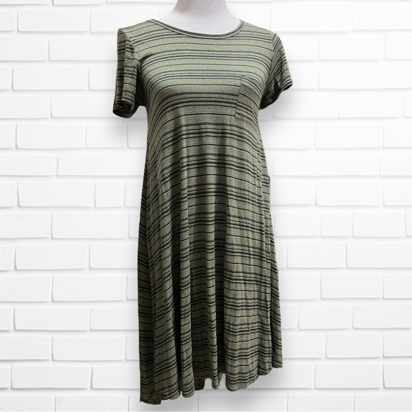 LulaRoe XXS Army Green Stripe Carly Swing Dress - Picture 1 of 6